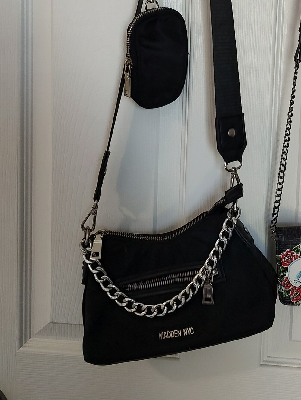 Steve Madden Black Chain-Accent Crossbody Bag with Mini Pouch